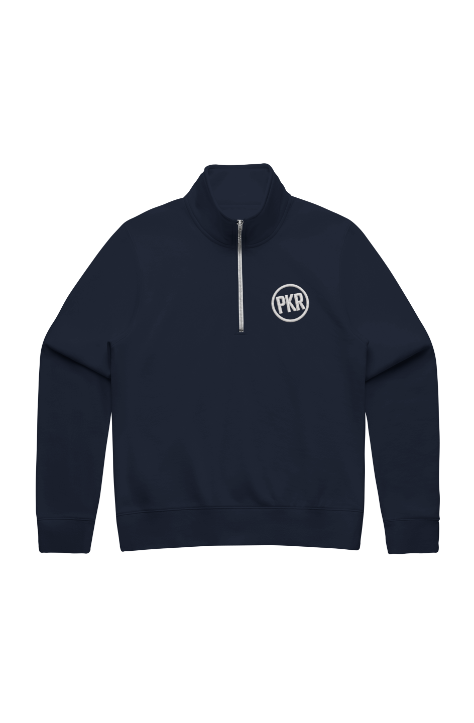 Front view of Pangkaroo Club women’s navy half-zip fleece with a mock neck and contrasting PKR circle chest logo.”