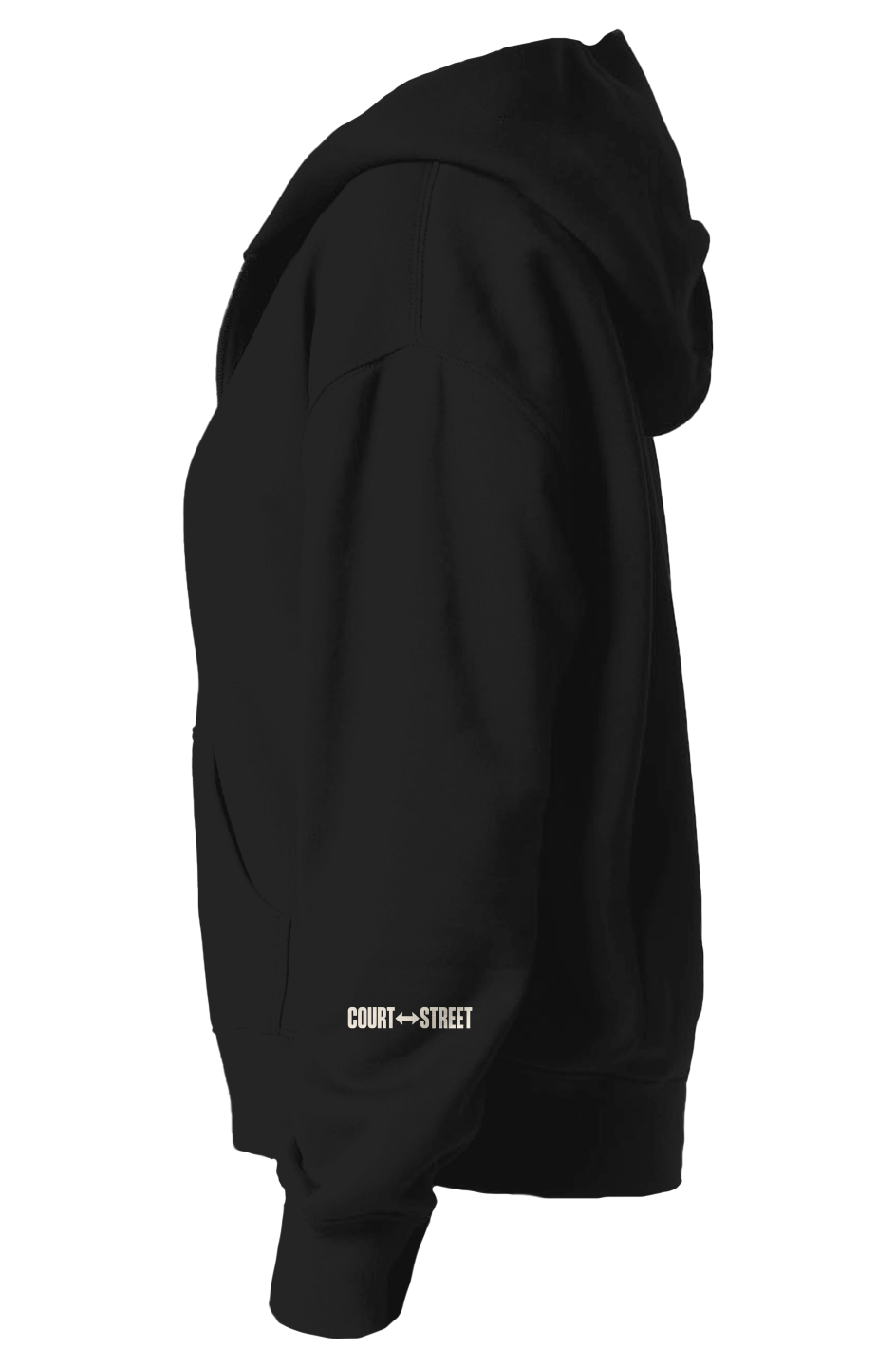 ide view of the black PKR half-zip hoodie showing the off-white COURT ↔ STREET forearm print.