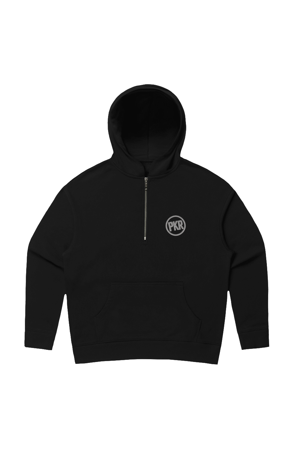 Front view of Pangkaroo Club women’s black half-zip hoodie with a contrasting PKR circle chest logo.