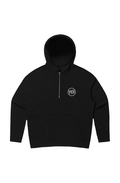 Front view of Pangkaroo Club women’s black half-zip hoodie with a contrasting PKR circle chest logo.