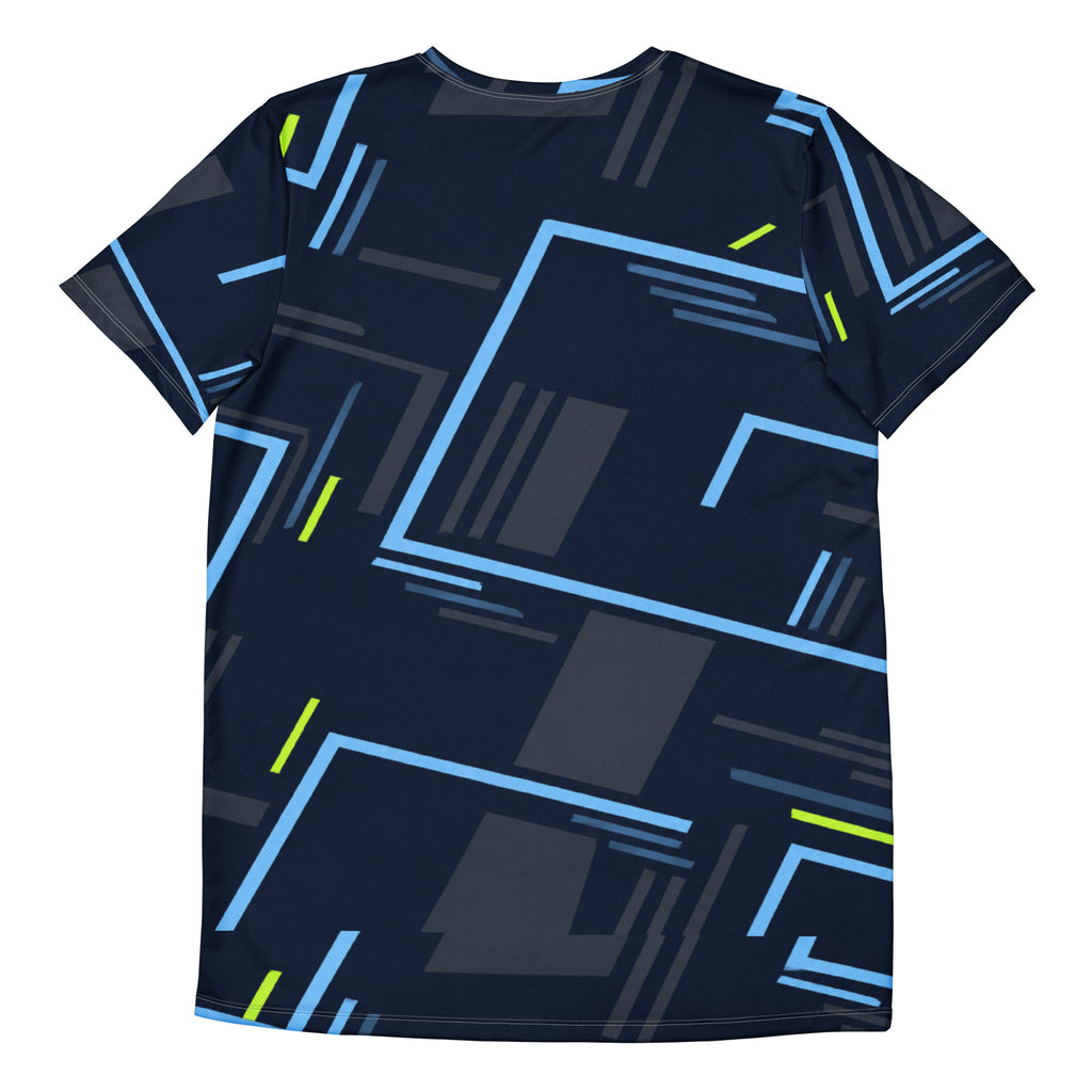 “Back of Pangkaroo Club men's Night Rally navy athletic tee with ice-blue geometric lines, charcoal blocks and lime accents.”