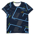 Front of Pangkaroo Club men's Night Rally navy athletic tee with ice-blue geometric lines, lime accents and gold chest logo.”