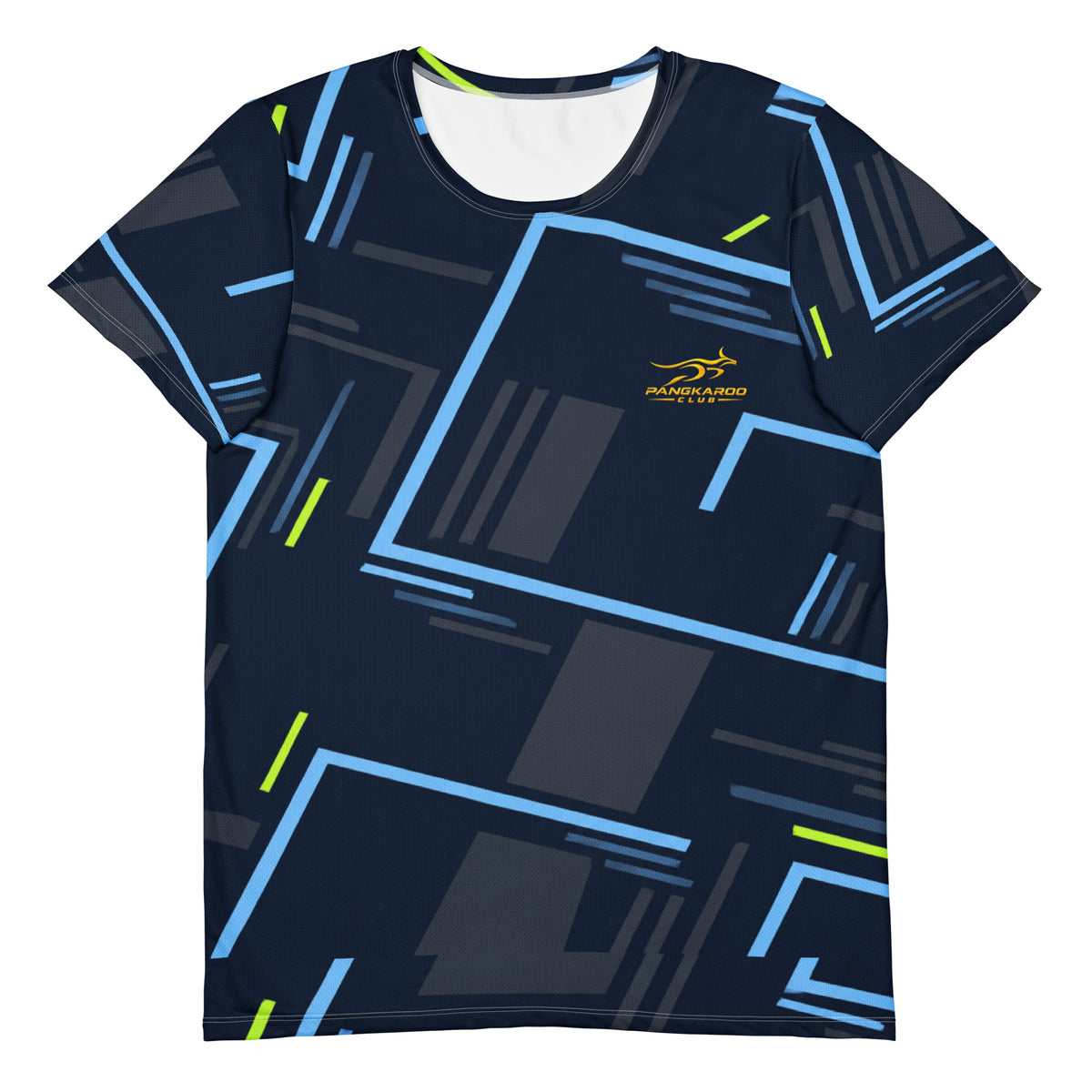 Front of Pangkaroo Club men's Night Rally navy athletic tee with ice-blue geometric lines, lime accents and gold chest logo.”