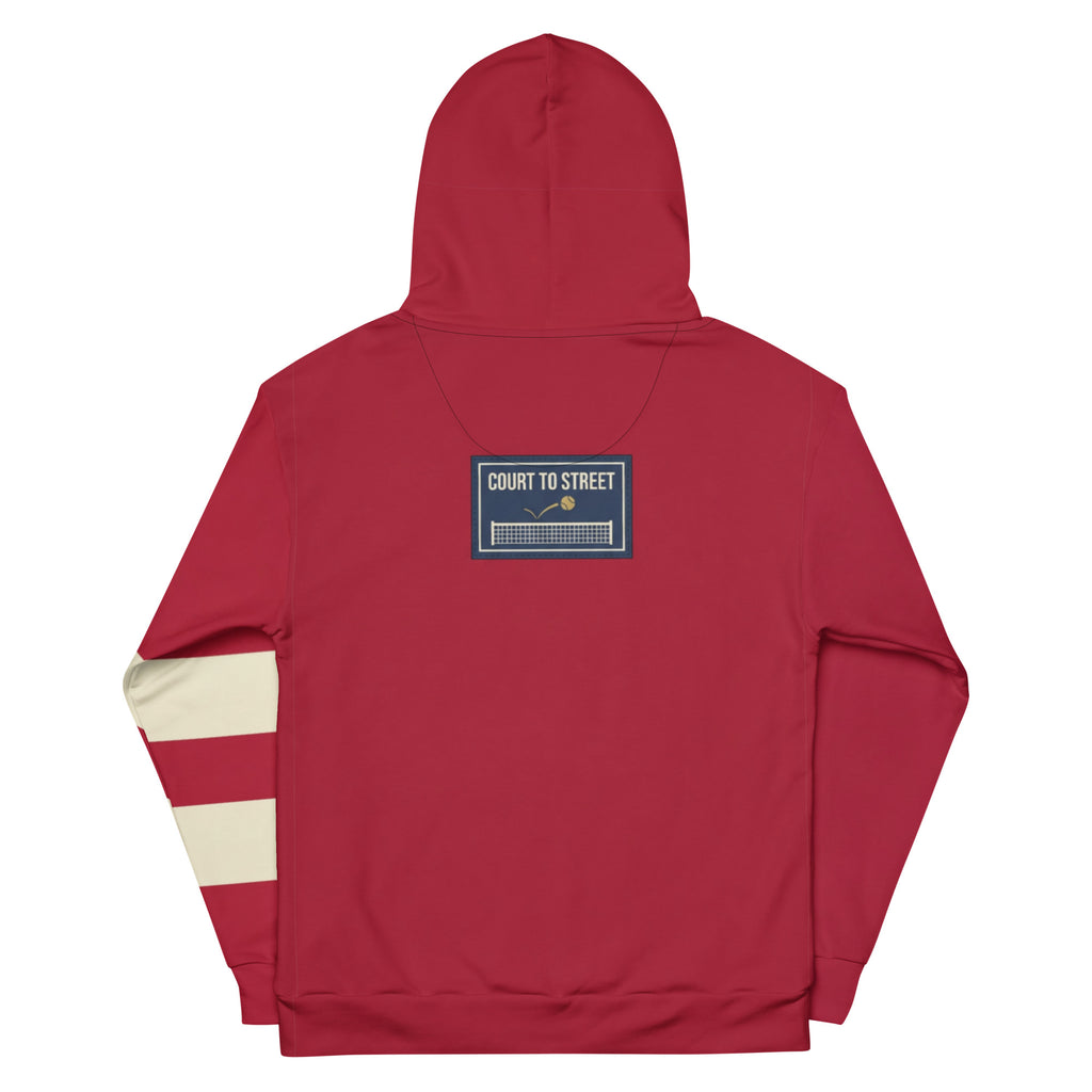 Back of Pangkaroo Club cherry red hoodie with navy Court to Street net graphic and cream left-sleeve stripes.”