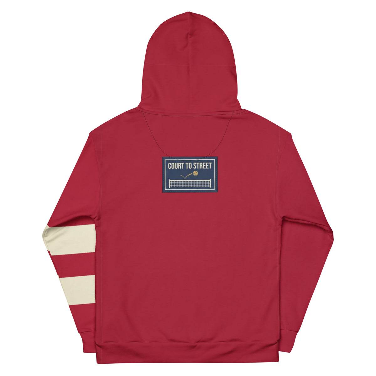 Back of Pangkaroo Club cherry red hoodie with navy Court to Street net graphic and cream left-sleeve stripes.”