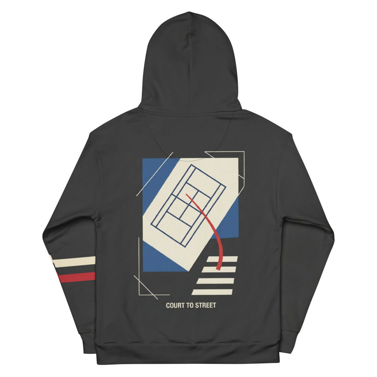 Back of Pangkaroo Club charcoal hoodie with cream and blue tennis court graphic, red curved line and Court to Street text.”