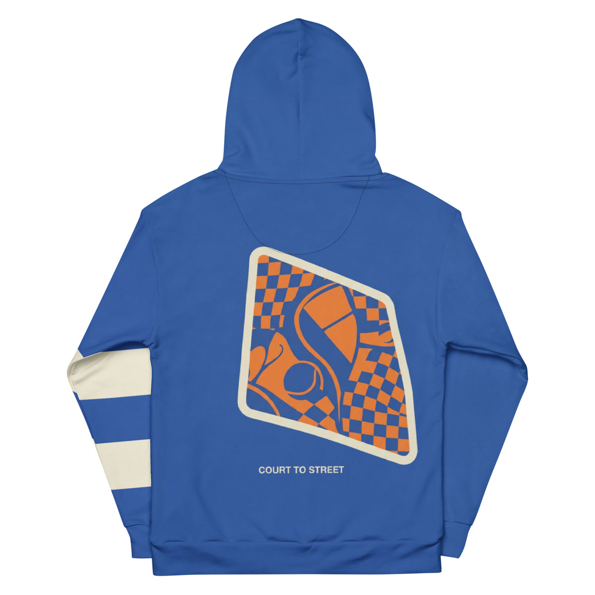“Front of Pangkaroo Club cobalt blue hoodie with orange court graphics, cream sleeve stripes and blue pocket.”