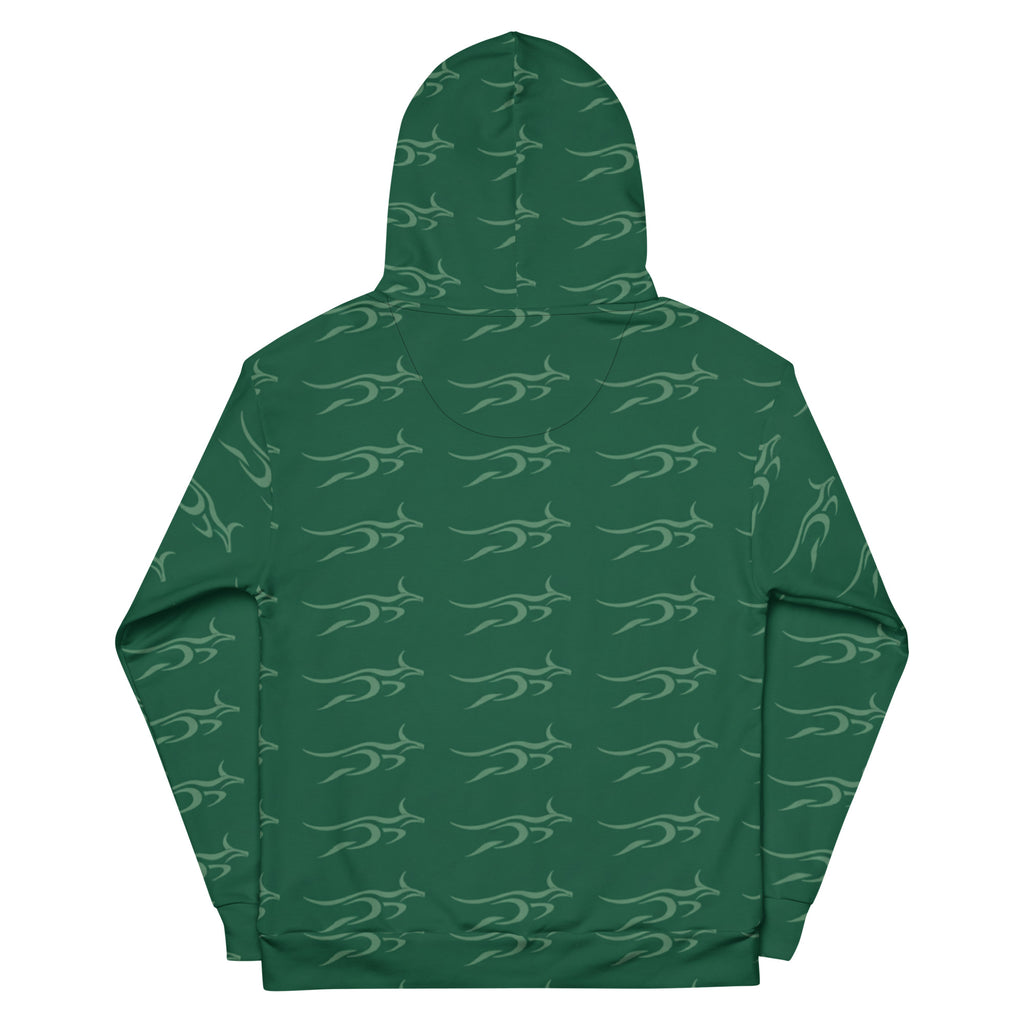 Back view of Pangkaroo Club forest-green tonal unisex hoodie showing the repeating kangaroo print across the hood and body.”