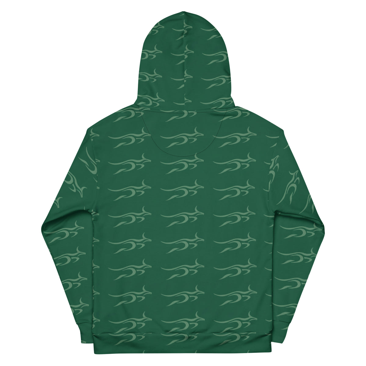 Back view of Pangkaroo Club forest-green tonal unisex hoodie showing the repeating kangaroo print across the hood and body.”