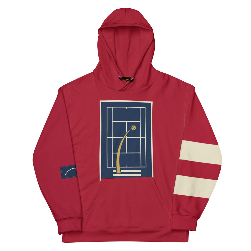 Front of Pangkaroo Club cherry red hoodie with navy tennis court graphic, gold ball trail and cream sleeve stripes.”

