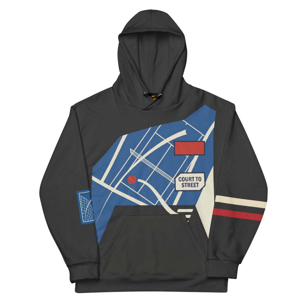 Front of Pangkaroo Club charcoal hoodie with blue court graphic, cream lines and cream and red sleeve stripes.”
