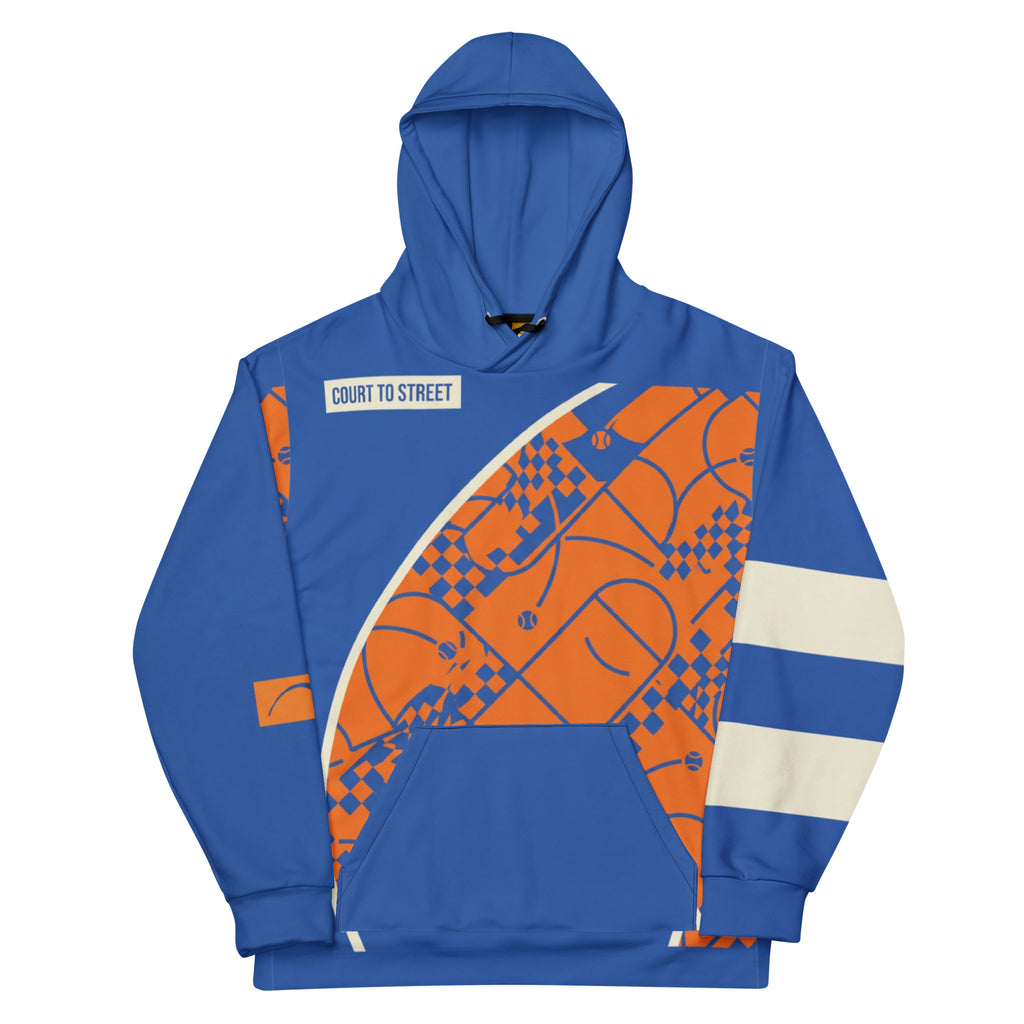 Front of Pangkaroo Club cobalt blue hoodie with orange court graphics, cream sleeve stripes and blue pocket.”