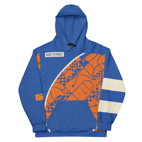 Front of Pangkaroo Club cobalt blue hoodie with orange court graphics, cream sleeve stripes and blue pocket.”
