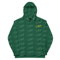 “Front view of Pangkaroo Club forest-green tonal unisex hoodie with repeating kangaroo print and gold-tone chest logo.”
