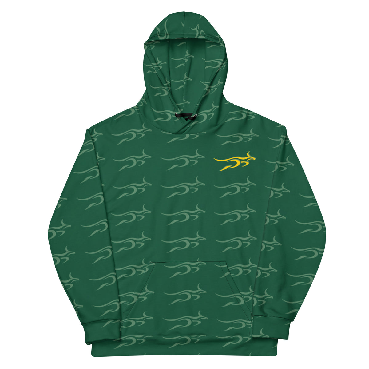 “Front view of Pangkaroo Club forest-green tonal unisex hoodie with repeating kangaroo print and gold-tone chest logo.”