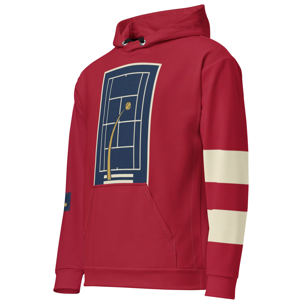 “Front angled view of Pangkaroo Club cherry red hoodie showing navy court graphic, front pocket and cream sleeve stripes.”