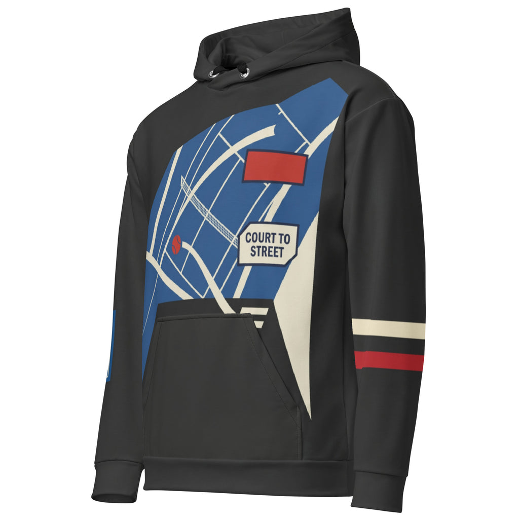 “Front angled view of Pangkaroo Club charcoal hoodie showing blue court graphic, front pocket and striped left sleeve.”