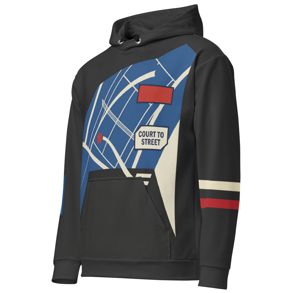 “Front angled view of Pangkaroo Club charcoal hoodie showing blue court graphic, front pocket and striped left sleeve.”