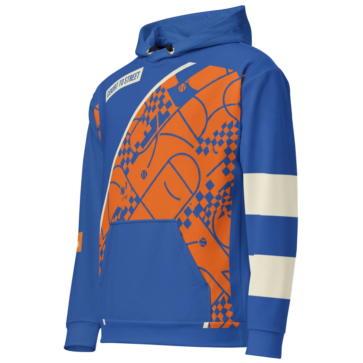 “Front angled view of Pangkaroo Club cobalt hoodie showing orange patterned panel and cream left-sleeve stripes.”