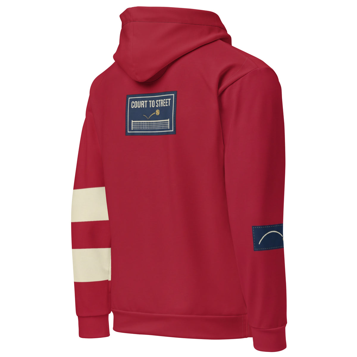 Rear angled view of Pangkaroo Club cherry red hoodie showing Court to Street back graphic and navy right-sleeve detail.”