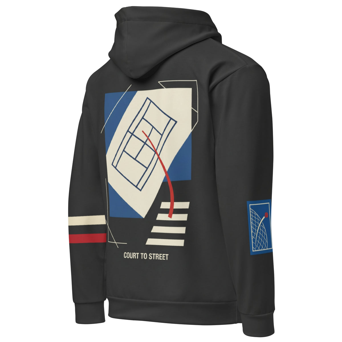 Rear angled view of Pangkaroo Club charcoal hoodie showing tennis court back graphic and blue right-sleeve detail.”
