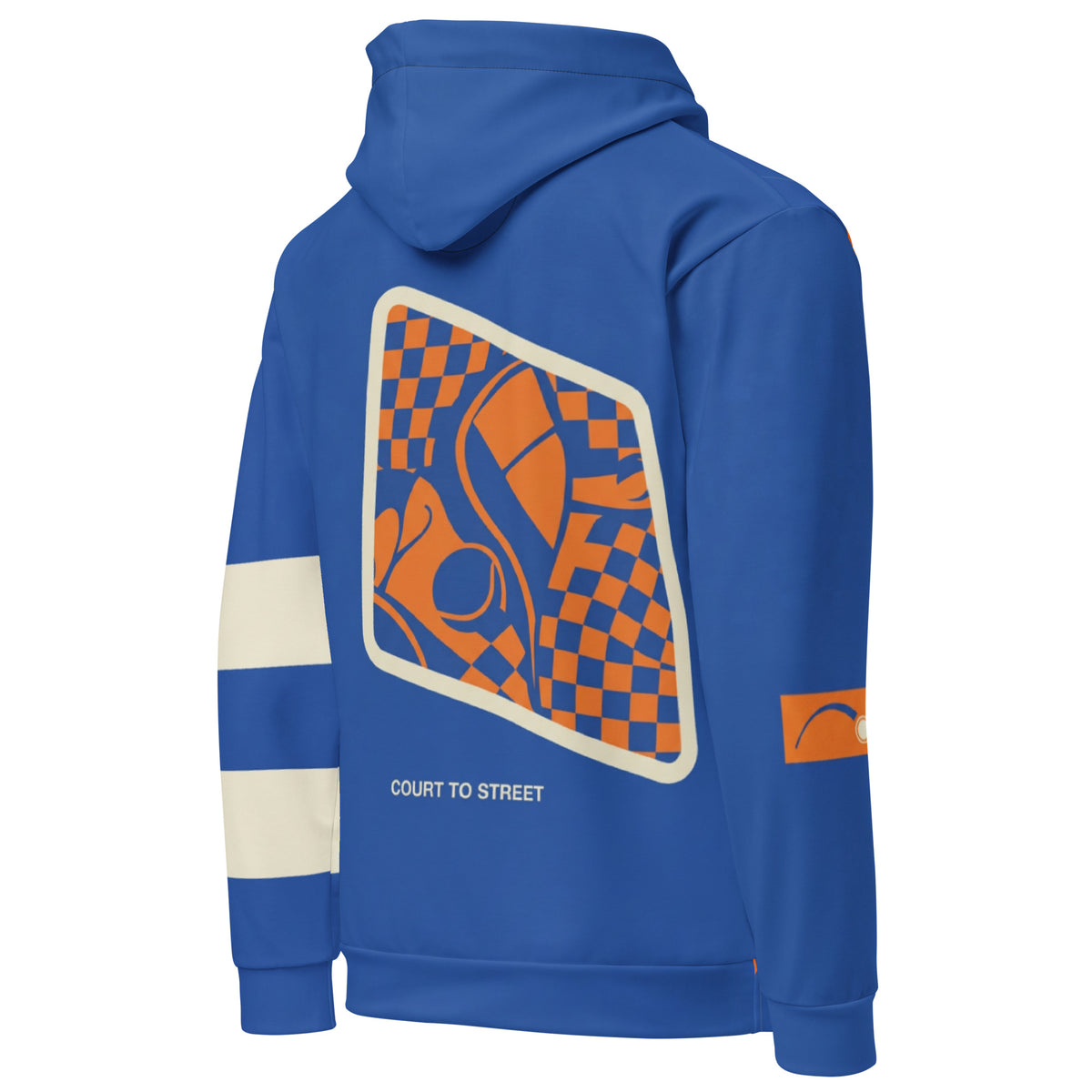“Rear angled view of Pangkaroo Club cobalt hoodie showing orange back graphic and right-sleeve accent.”