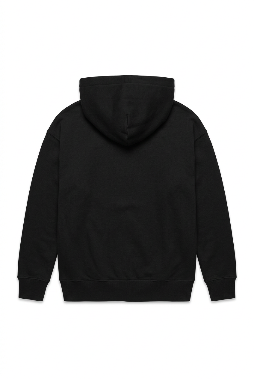 Back mockup of Pangkaroo Club women’s black half-zip hoodie with a double-layer hood and plain back