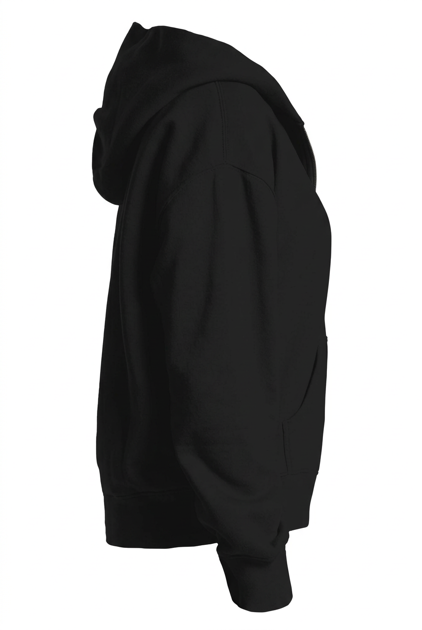 Right-side mockup of Pangkaroo Club women’s black half-zip hoodie showing its relaxed shape and plain sleeve.