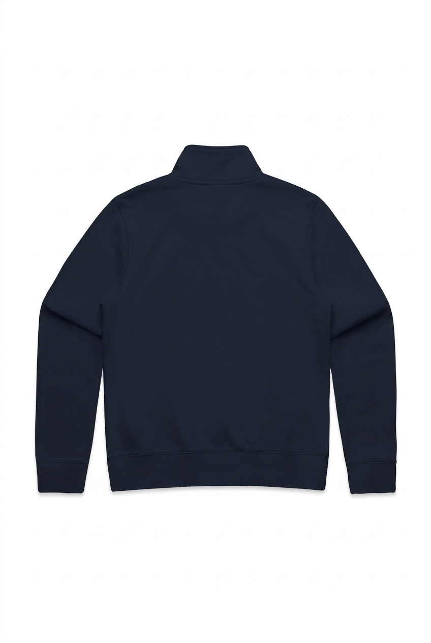 Back mockup of Pangkaroo Club women’s navy half-zip fleece with a plain back and ribbed cuffs and hem.