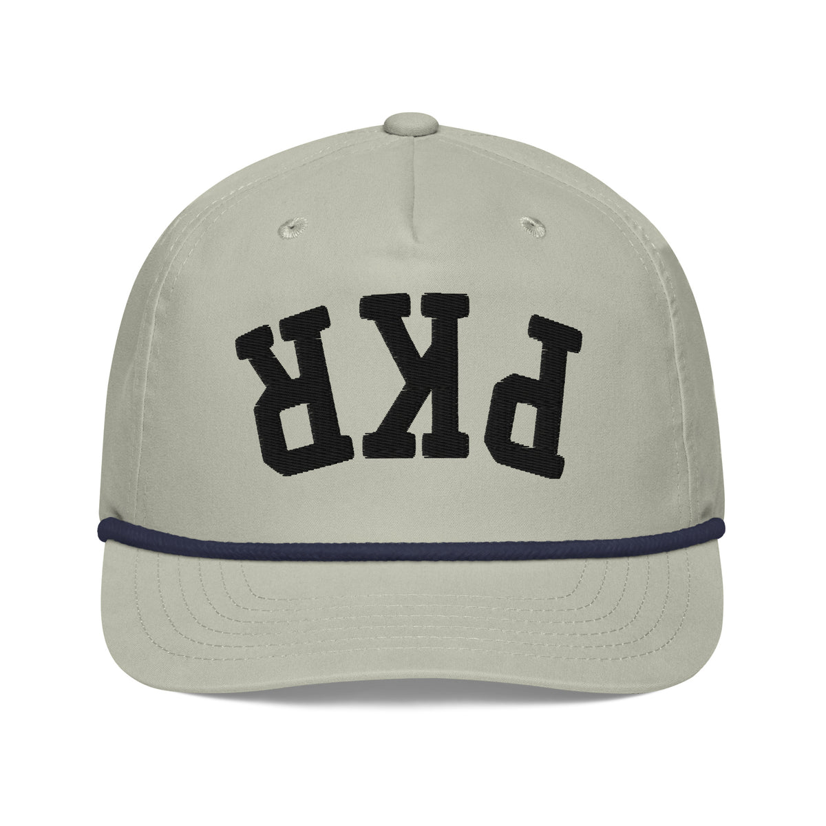 “Pangkaroo Club light gray golf rope cap with black upside-down PKR embroidery and navy rope, front view.”
