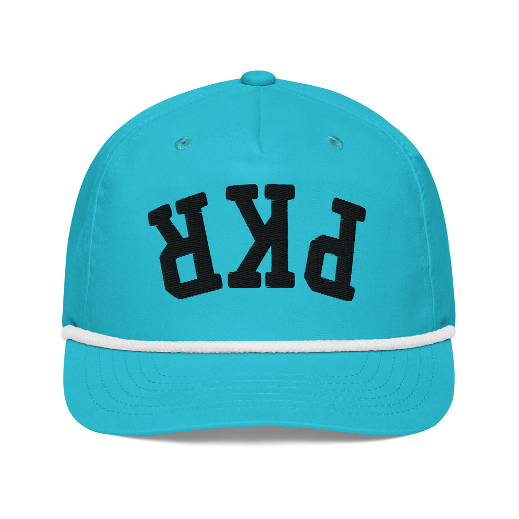 “Pangkaroo Club turquoise golf rope cap with black upside-down PKR embroidery and white rope, front view.”