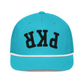 “Pangkaroo Club turquoise golf rope cap with black upside-down PKR embroidery and white rope, front view.”