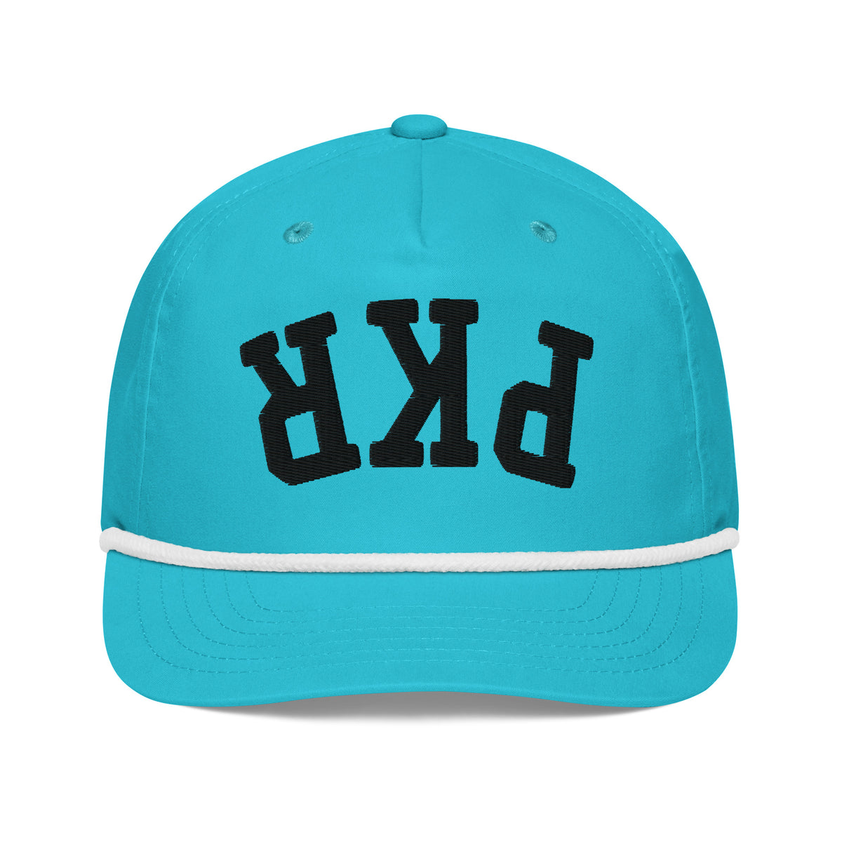 “Pangkaroo Club turquoise golf rope cap with black upside-down PKR embroidery and white rope, front view.”