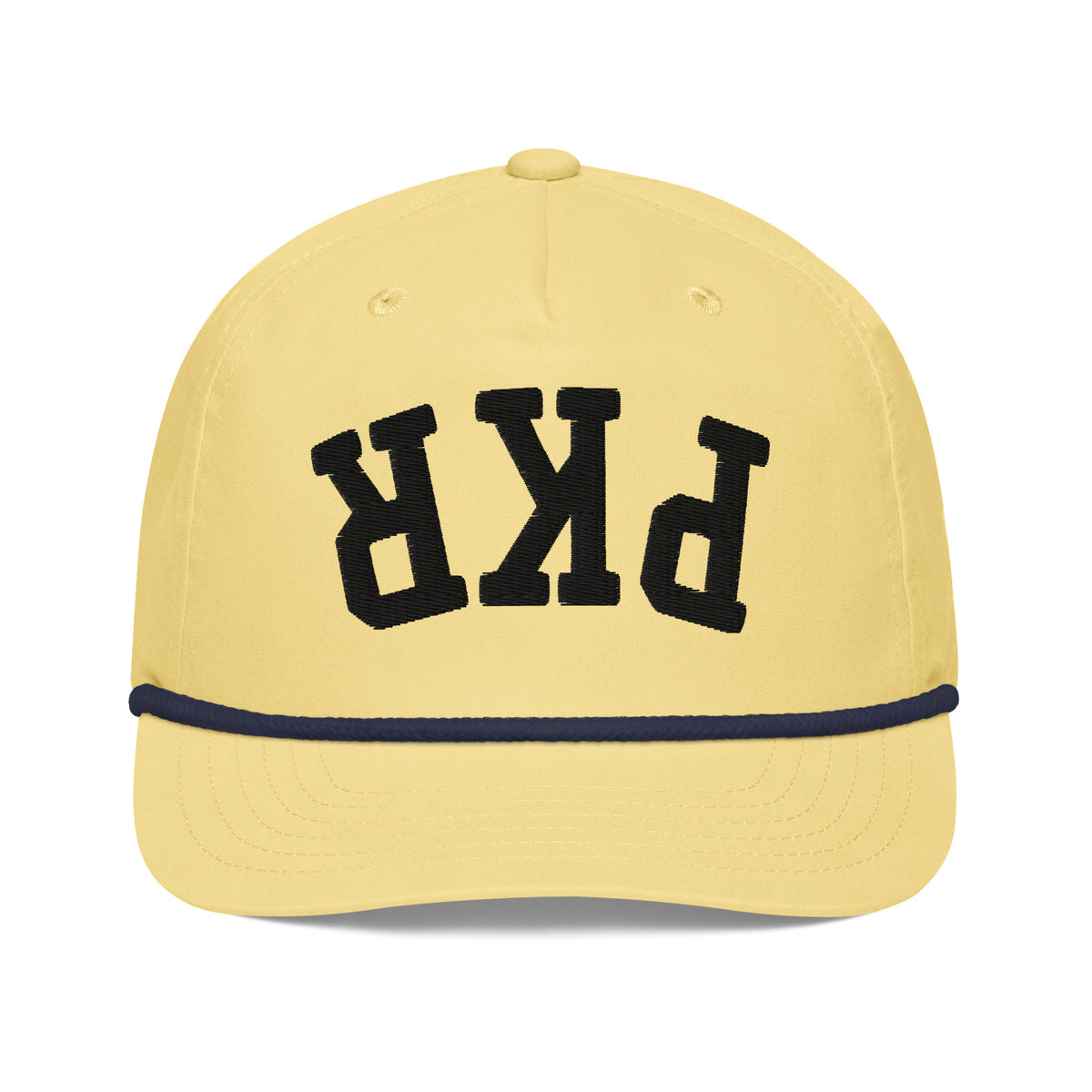 “Pangkaroo Club yellow golf rope cap with black upside-down PKR embroidery and navy rope, front view.”