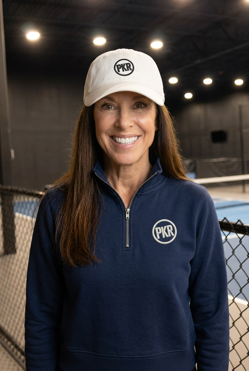 Woman wearing Pangkaroo Club’s navy PKR half-zip fleece and ecru circle-logo cap at an indoor pickleball court.”