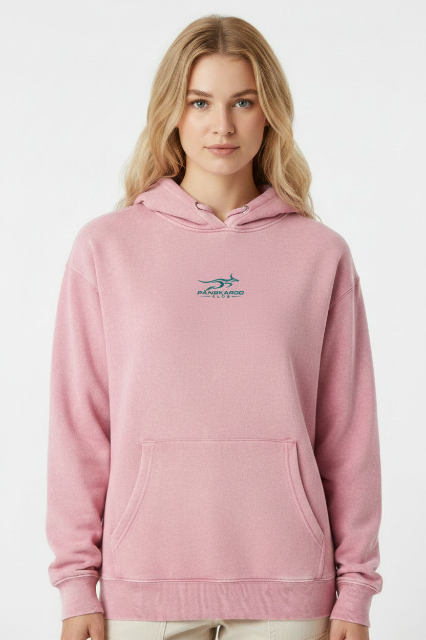 Sandy blonde woman wearing pink Pangkaroo Club hoodie with small centered teal logo