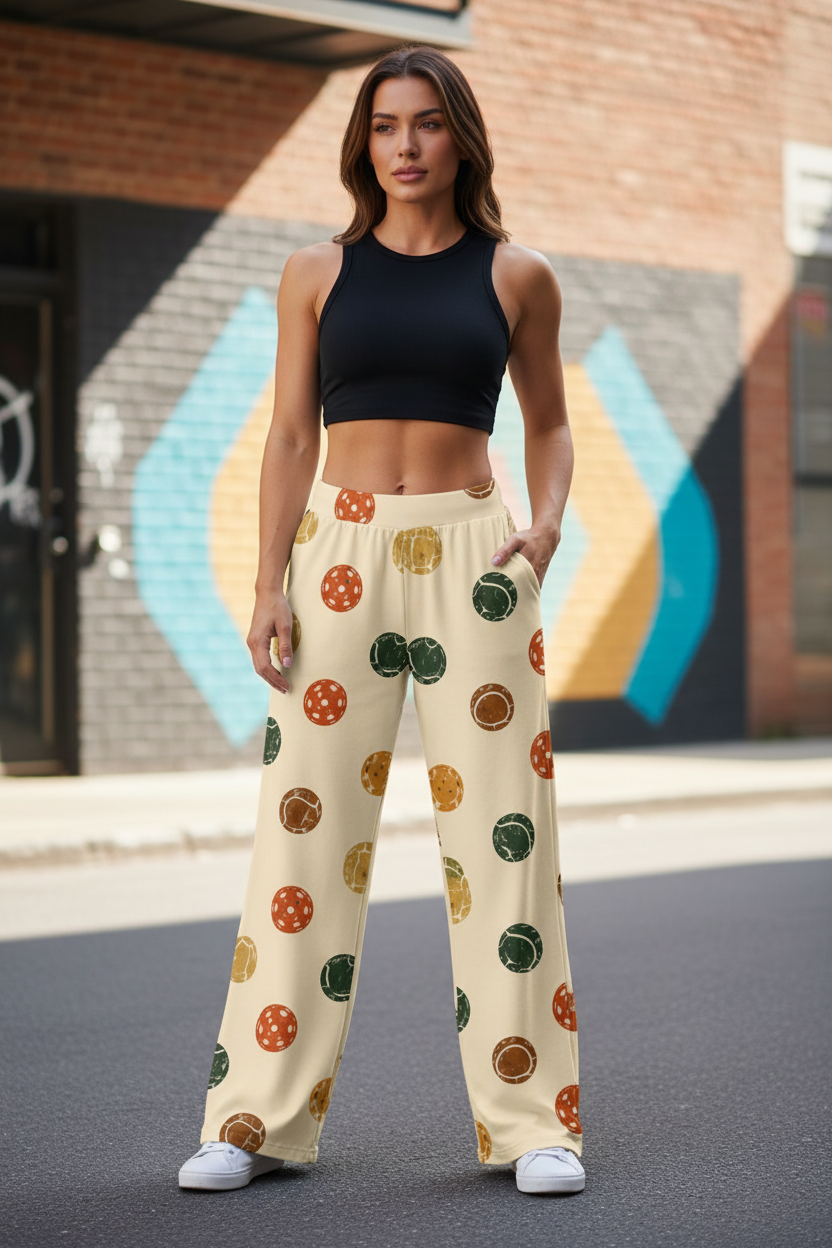 Women's Model - Retro Ball Dots Wide-Leg Joggers