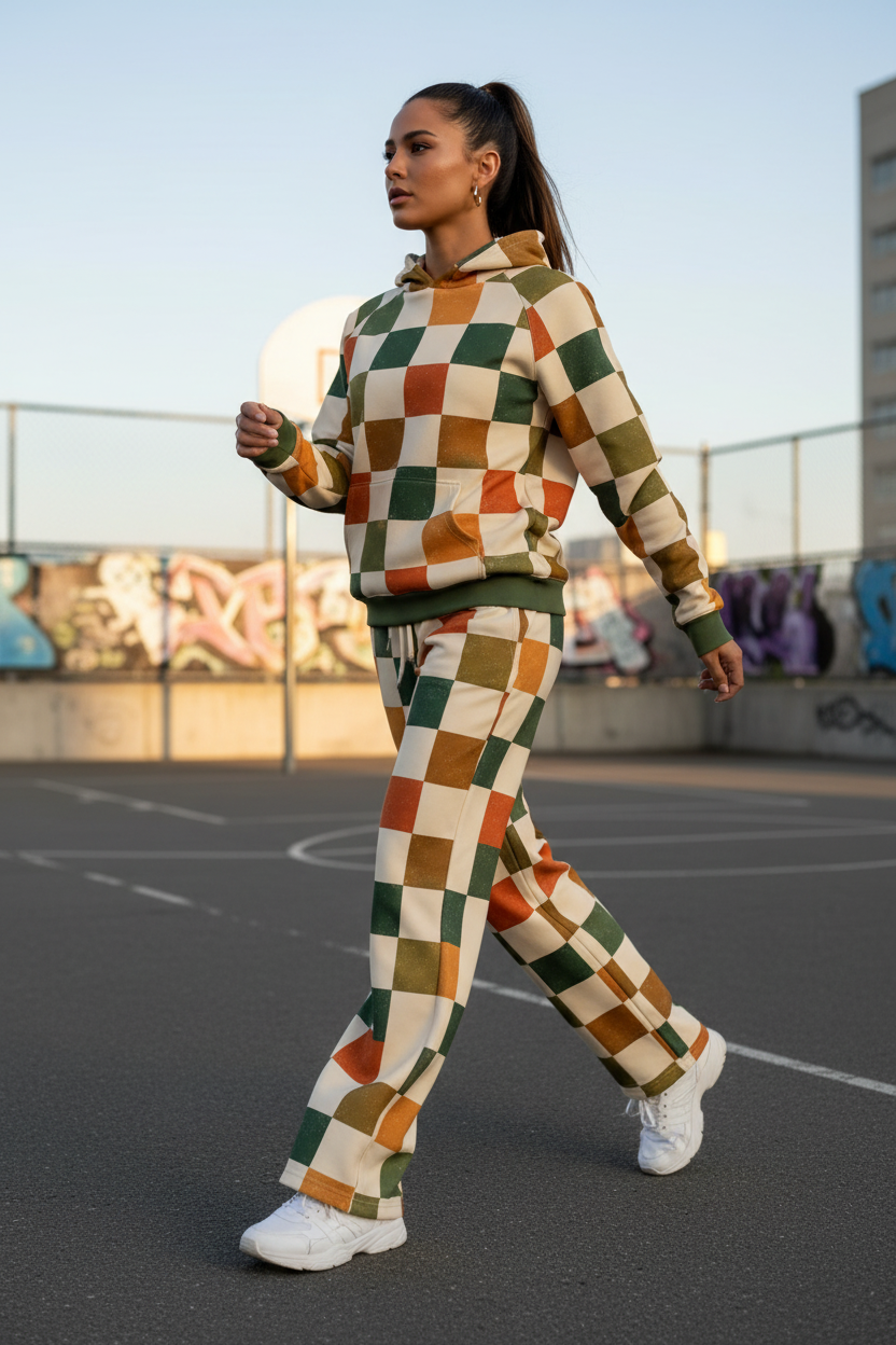 Women's Model - Retro Checkerboard Wide-Leg Joggers